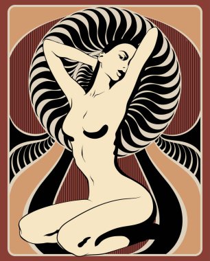 Dizlerinin üzerinde oturan kızın çizilen illüstrasyon vektör ver. Yaratıcı sanat çalışmaları. Şablon için kart, poster, afiş, t-shirt, pin, rozet, yama için yazdırmak.