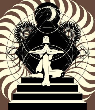 Kadın yoga poz merdiven üzerinde vektör elle çizilmiş çizim. Yaratıcı sanat çalışmaları. Şablon için kart, poster, afiş, t-shirt, pin, rozet, yama için yazdırmak.