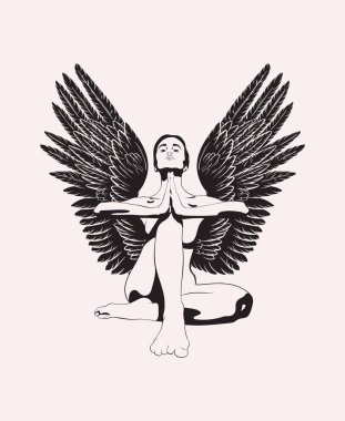 Vektör elle çizilmiş çizim yoga poz kanatlı kadın. Yaratıcı sanat çalışmaları. Şablon için kart, poster, afiş, t-shirt, pin, rozet, yama için yazdırmak.
