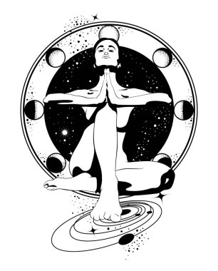 Uzay ve gezegenler yoga pozuyla kadında vektör elle çizilmiş çizim. Yaratıcı dövme sanat. Şablon için kart, poster, afiş, t-shirt, pin, rozet, yama için yazdırmak.