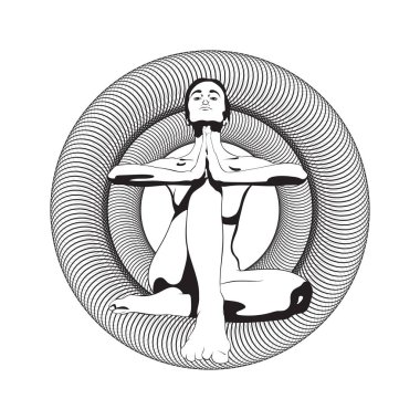 Vektör elle çizilmiş çizim kadın yoga poz. Yaratıcı sanat çalışmaları. Şablon için kart, poster, afiş, t-shirt, pin, rozet, yama için yazdırmak.