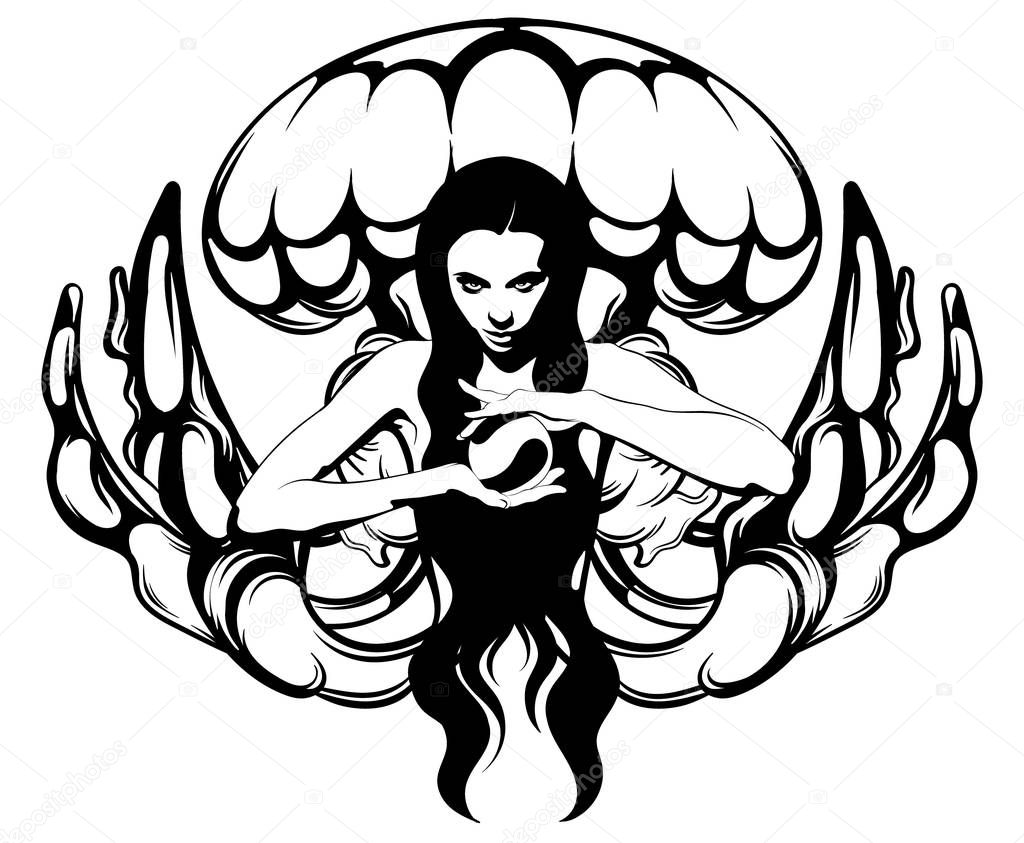 Vector hand drawn illustration of witch with crystal ball and jelly fish. Creative tattoo artwork. Template for card, poster, banner, print for t-shirt, pin, badge, patch.