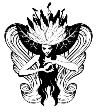 Cadı kristal top ile çizilen illüstrasyon vektör ver. Yaratıcı dövme sanat. Şablon için kart, poster, afiş, t-shirt, pin, rozet, yama için yazdırmak.