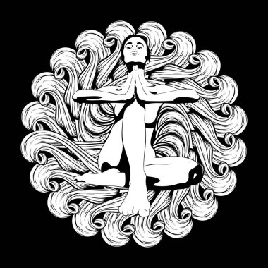 Kadın yoga poz ile daire süs vektör elle çizilmiş çizim. Yaratıcı sanat çalışmaları. Şablon için kart, poster, afiş, t-shirt, pin, rozet, yama için yazdırmak.