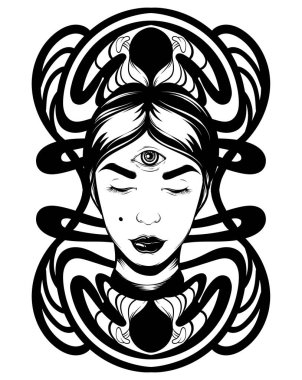 Üç gözlü cadı çizilen illüstrasyon vektör ver. Yaratıcı dövme sanat. Şablon için kart, poster, afiş, t-shirt, pin, rozet, yama için yazdırmak.