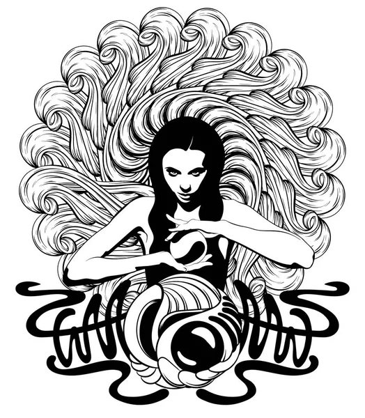 巫婆的向量手绘的例证与水晶球 创意纹身艺术品 模板为卡片 打印为 — 图库矢量图片