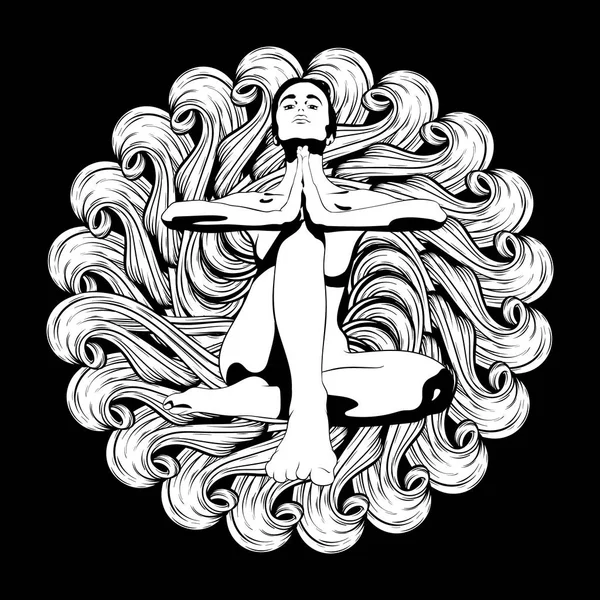 Ilustración Dibujada Mano Vectorial Mujer Pose Yoga Con Adorno Circular — Archivo Imágenes Vectoriales