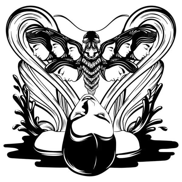 Vector Hand Drawn Illustration Lying Girl Moth Splashes Creative Tattoo — Stock Vector