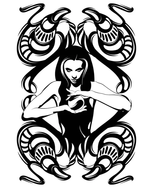 Vektor Kézzel Rajzolt Ábrán Boszorkány Kristálygömb Kreatív Tattoo Artwork Kártya — Stock Vector