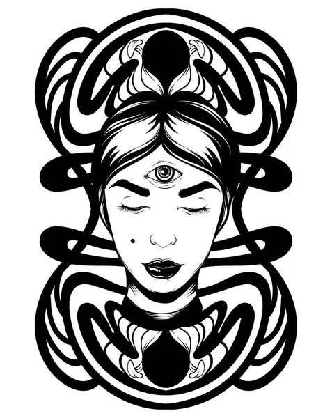 Vector Mão Desenhada Ilustração Bruxa Com Três Olhos Arte Tatuagem —  Vetores de Stock
