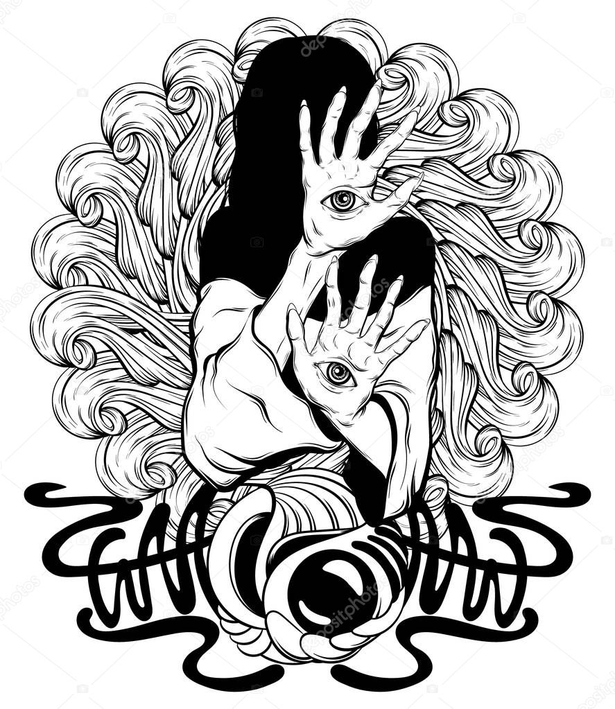 Vector hand drawn illustration of witch with eyes on hands with ornament and details. Creative tattoo artwork. Template for card, poster, banner, print for t-shirt, pin, badge, patch.