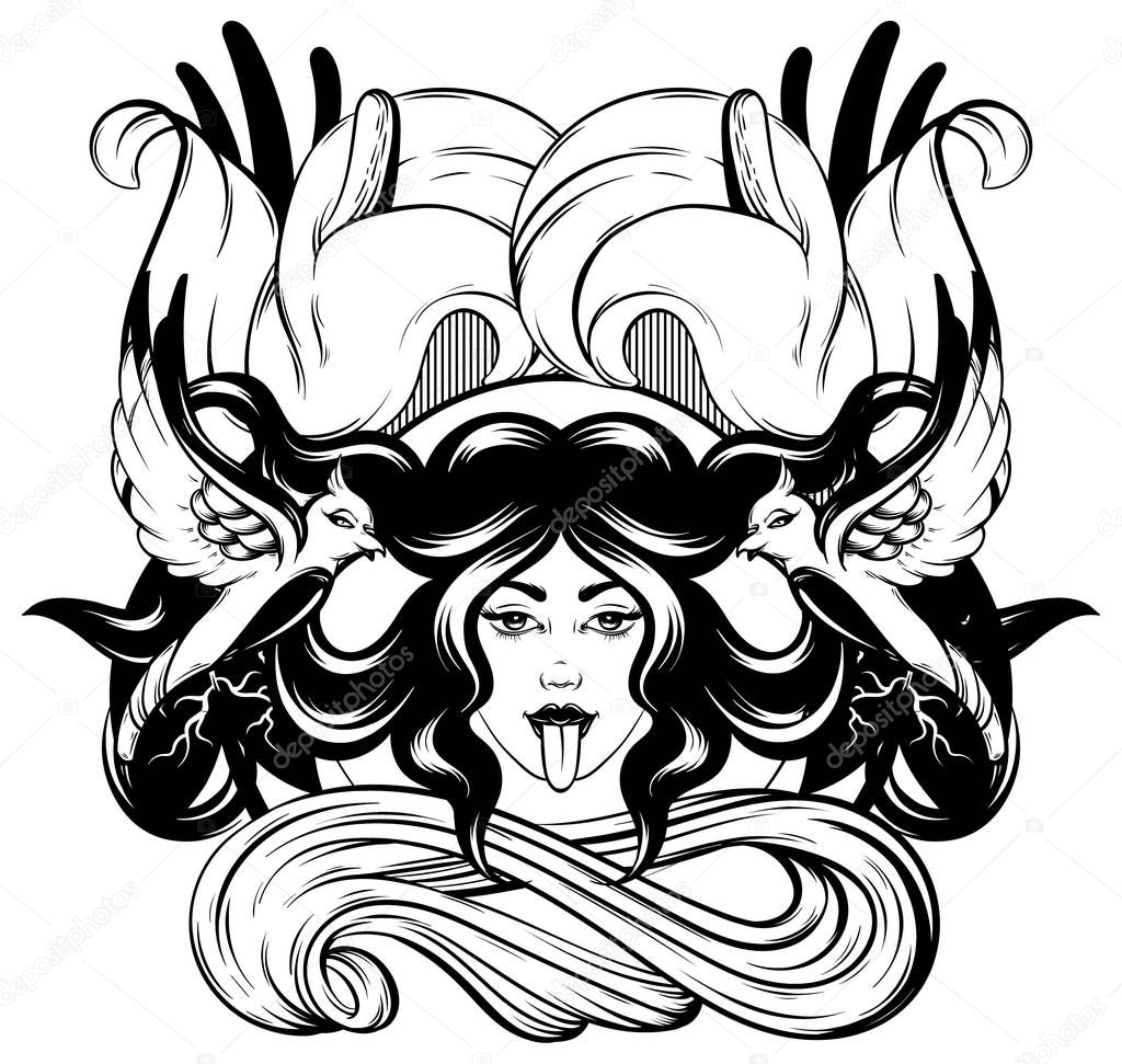 Vector hand drawn illustration of witch with tongue and birds. Creative tattoo artwork. Template for card, poster, banner, print for t-shirt, pin, badge, patch.