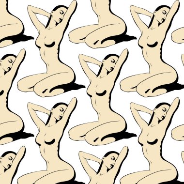 El ile vektör desen dizlerinin üzerinde oturan kız resmi çizilmiş. Yaratıcı sanat çalışmaları. Şablon için kart, poster, afiş, t-shirt, pin, rozet, yama için yazdırmak.