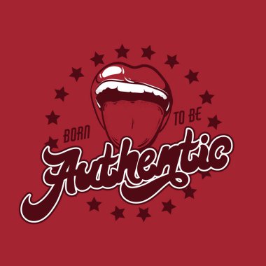 Otantik. İnsan ağzı izole çizimi ile yazı vektör elle çizilmiş. Şablon kartı, poster. afiş, t-shirt, pin, rozet, yama için yazdırma.