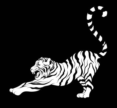 Vektör izole kaplan kükreyen çizilmiş örnek ver. Dövme resimleri. Şablon kartı, poster. afiş, t-shirt, pin, rozet, yama için yazdırma.