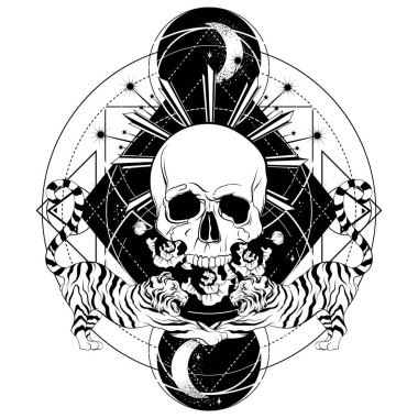 Kaplanlar ve çiçeklerle izole insan kafatası vektör elle çizilmiş çizim. Dövme resimleri. Şablon kartı, poster. afiş, t-shirt, pin, rozet, yama için yazdırma.