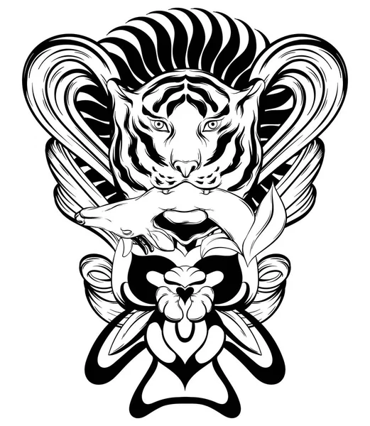 Ilustración Dibujada Mano Vectorial Tigre Con Ciervo Boca Aislado Tatuaje — Archivo Imágenes Vectoriales