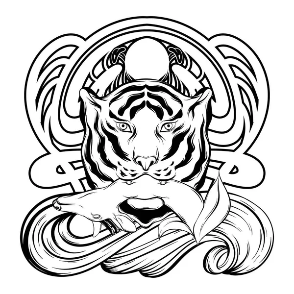 Illustration Vectorielle Dessinée Main Tigre Avec Cerf Isolé Dans Bouche — Image vectorielle