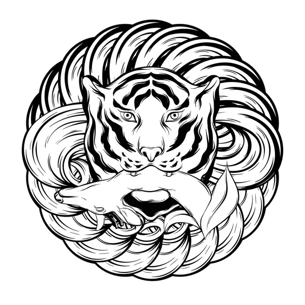 Illustrazione Disegnata Mano Vettoriale Tigre Con Cervo Bocca Isolato Disegno — Vettoriale Stock