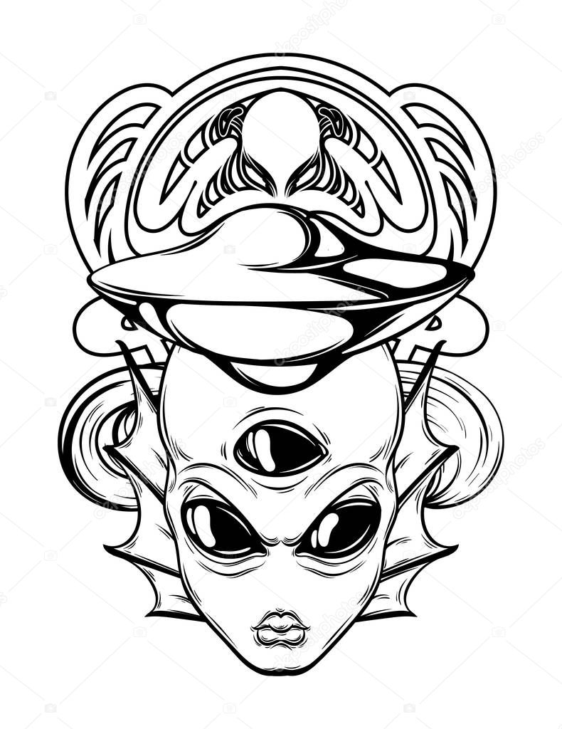 Vector hand drawn illustration of alien with frame isolated. Creative tattoo artwork. Template for card, poster, banner, print for t-shirt, pin, badge, patch.