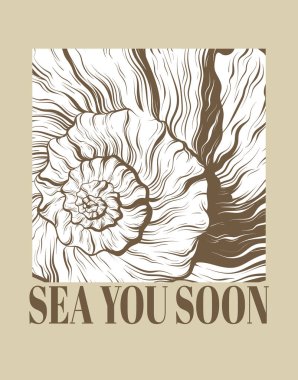 Deniz yakında. İzole seashell vektör elle çizilmiş çizim. Yaratıcı sanat çalışmaları. Şablon kartı, poster. afiş, t-shirt, pin, rozet, yama için yazdırma.