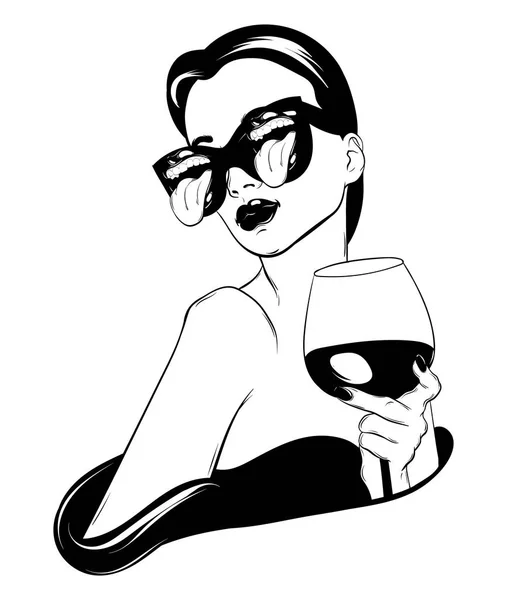 Illustrazione Realistica Disegnata Mano Vettoriale Donna Con Vetro Vino Isolato — Vettoriale Stock