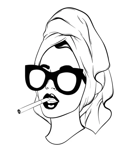 Illustrazione Realistica Disegnata Mano Vettoriale Donna Con Asciugamano Occhiali Sole — Vettoriale Stock