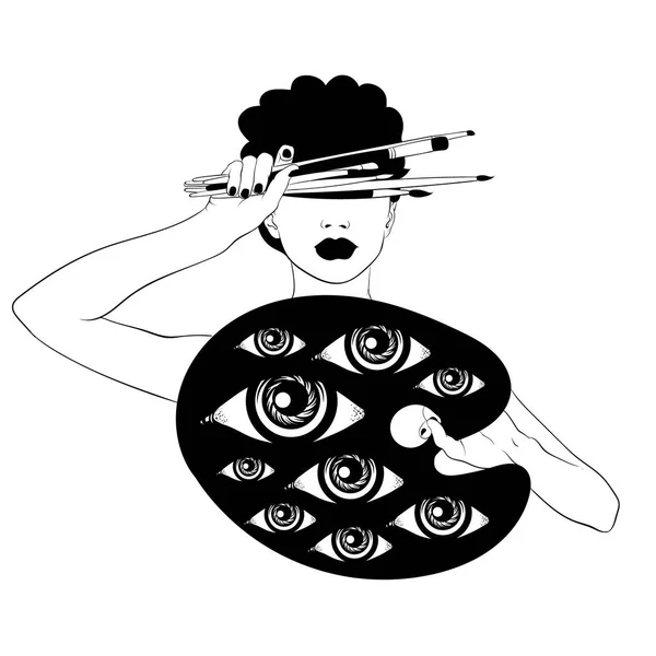 Векторная Ручная Иллюстрация Девушки Выделенными Кисточками Палитрой Сюрреалистичные Татуировки Шаблон — стоковый вектор