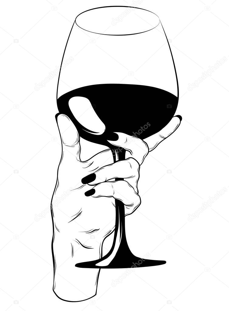 Vector hand drawn realistic illustration of female hand with glass of wine isolated. Creative tattoo artwork. Template for card, poster. banner, print for t-shirt, pin, badge, patch.