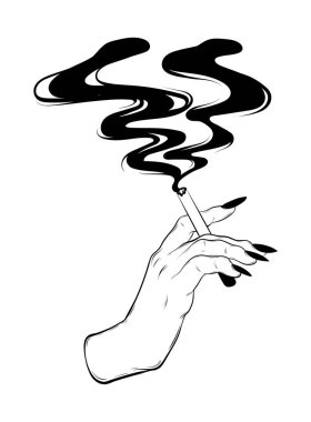 Vektör elle çizilmiş çizim el sigara ve duman. Gerçeküstü dövme sanat. Şablon kartı, poster. afiş, t-shirt, pin, rozet, yama için yazdırma.