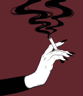 Vektör elle çizilmiş çizim el sigara ve duman. Gerçeküstü dövme sanat. Şablon kartı, poster. afiş, t-shirt, pin, rozet, yama için yazdırma.