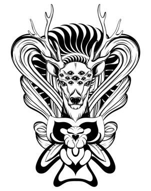 Vektör elle çizilmiş illüstrasyon izole çerçeve çiçek ile geyik. Gerçeküstü dövme sanat. Şablon kartı, poster. afiş, t-shirt, pin, rozet, yama için yazdırma.