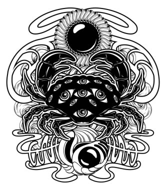 Yengeç gözleri ve izole çerçeve çiçek ile vektör elle çizilmiş çizim. Surrealsitic dövme sanat. Şablon kartı, poster. afiş, t-shirt, pin, rozet, yama için yazdırma.