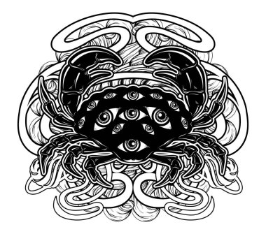 Yengeç gözleri ve izole çerçeve çiçek ile vektör elle çizilmiş çizim. Surrealsitic dövme sanat. Şablon kartı, poster. afiş, t-shirt, pin, rozet, yama için yazdırma.