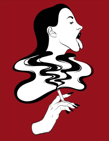 Ručně Kreslenou Vektorové Ilustrace Hezká Dívka Rukou Kouř Surrealistické Tetování — Stockový vektor