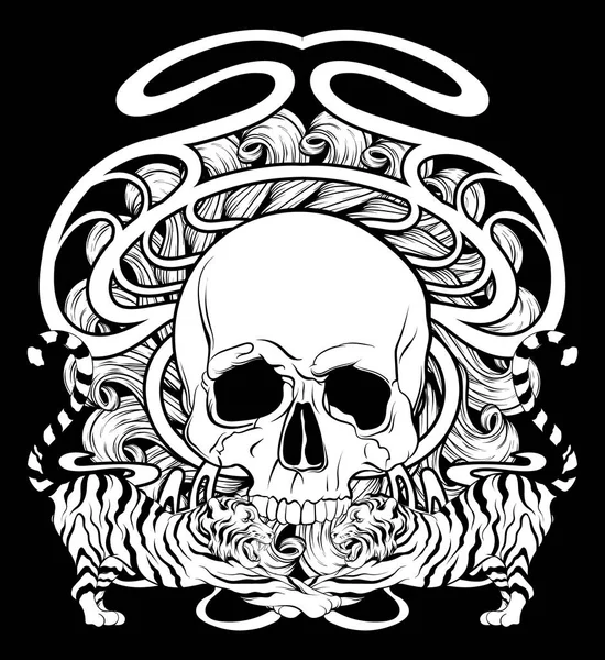 Illustration Vectorielle Dessinée Main Tigres Crâne Humain Avec Des Éléments — Image vectorielle