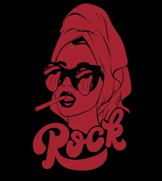 Rock Ručně Kreslenou Vektorové Ilustrace Dívka Cigaretou Nápisy Samostatný Grafické — Stockový vektor