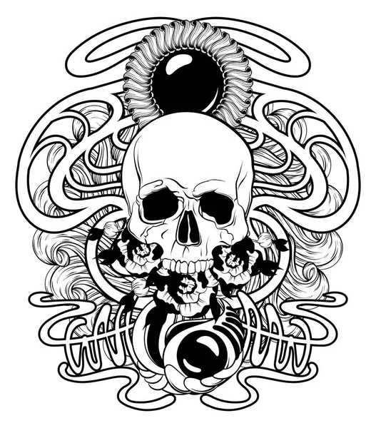 Illustration Vectorielle Dessinée Main Crâne Humain Avec Des Éléments Décoratifs — Image vectorielle