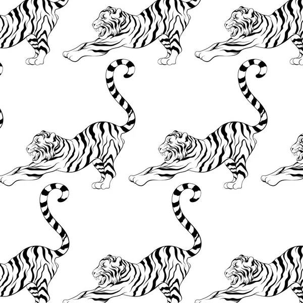 Vektormuster Mit Handgezeichneter Illustration Eines Streckenden Tigers Vorlage Für Karte — Stockvektor