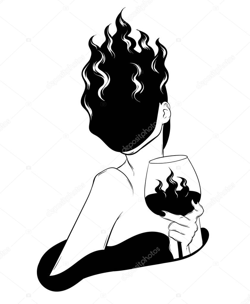 Vector hand drawn illustration of girl with burning head isolated. Surrealistic tattoo artwork. Template for card, poster. banner, print for t-shirt, pin, badge, patch.