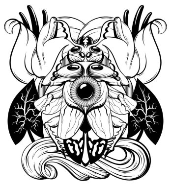 Vektör elle çizilmiş çizim böceği izole çiçek çemberi ile. Yaratıcı dövme sanat. Şablon kartı, poster. afiş, t-shirt, pin, rozet, yama için yazdırma.