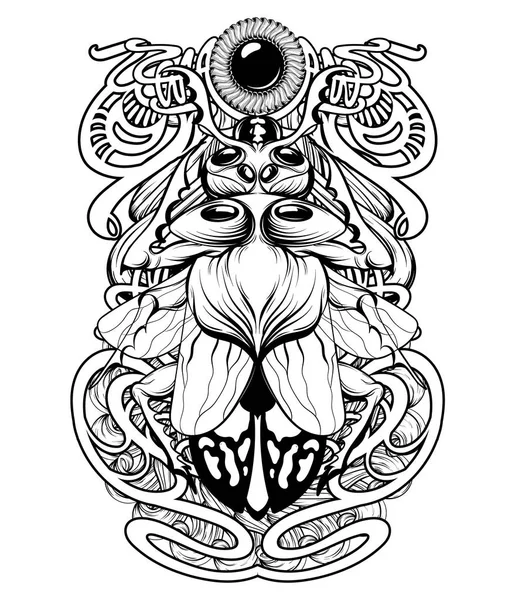 Vektör elle çizilmiş illüstrasyon izole böcek. Yaratıcı dövme sanat. Şablon kartı, poster. afiş, t-shirt, pin, rozet, yama için yazdırma.