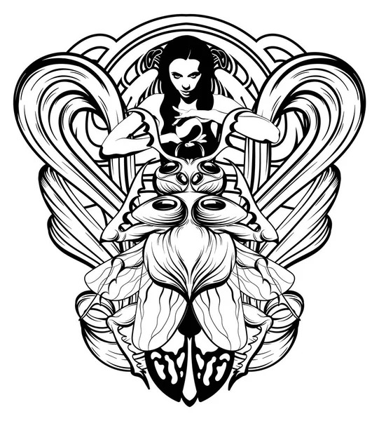 Vektör elle çizilmiş çizim böceği ile izole cadı. Gerçeküstü dövme sanat. Şablon kartı, poster. afiş, t-shirt, pin, rozet, yama için yazdırma.