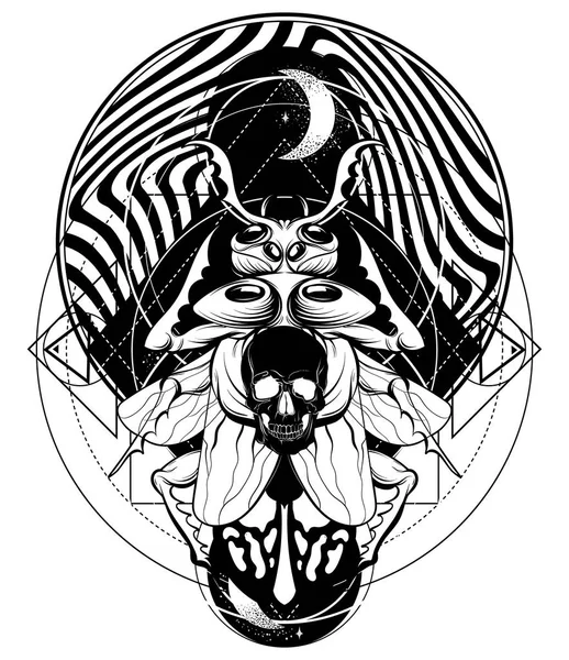 人間の頭蓋骨と分離された月カブトムシのベクトルの手描きイラスト シュールな入れ墨の芸術家 カード用テンプレートのポスター バナー プリント シャツ バッジ パッチの — ストックベクタ
