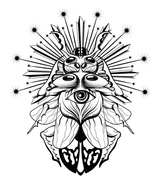 Vektör elle çizilmiş illüstrasyon izole insan gözü ile böcek. Gerçeküstü dövme sanat. Şablon kartı, poster. afiş, t-shirt, pin, rozet, yama için yazdırma.