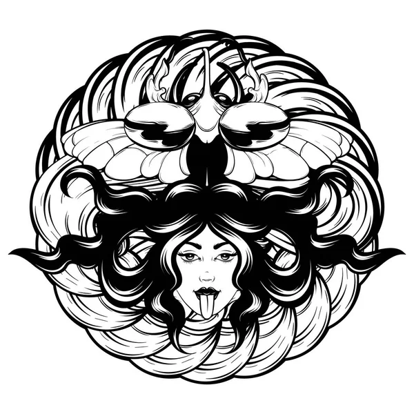 Vektör elle çizilmiş çizim böceği ile izole kadın portresi. Yaratıcı dövme sanat. Şablon kartı, poster. afiş, t-shirt, pin, rozet, yama için yazdırma.