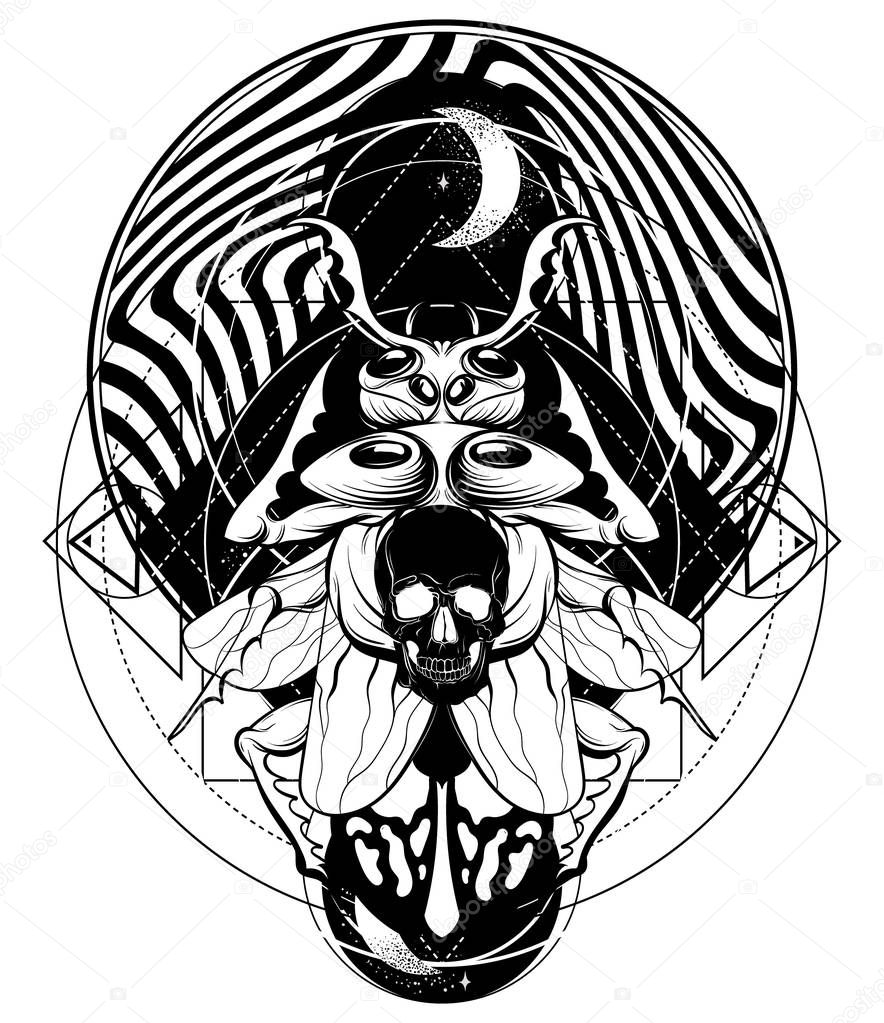 Vector hand drawn illustration of beetle with human skull and moon isolated. Surrealistic tattoo artwork. Template for card, poster. banner, print for t-shirt, pin, badge, patch.