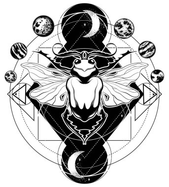 Böcek kanat ve izole gezegenler ile vektör elle çizilmiş çizim. Yaratıcı dövme sanat. Şablon kartı, poster. afiş, t-shirt, pin, rozet, yama için yazdırma.