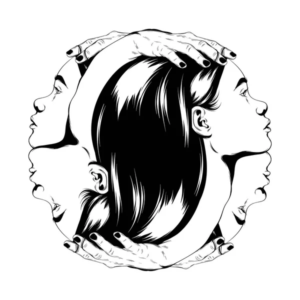Ilustración dibujada a mano vectorial de cabezas femeninas con manos aisladas . — Vector de stock