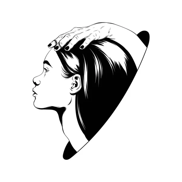 Illustration vectorielle dessinée à la main de têtes féminines avec mains isolées . — Image vectorielle